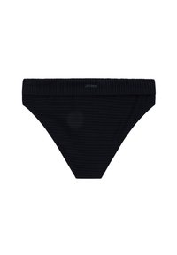 Bikini bottom da nuoto nero con texture a coste e ampia fascia elastica in vita, caratterizzato dal nome del marchio "protest" stampato in modo discreto.