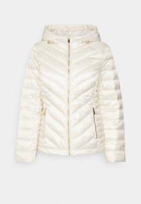 Padded white jacket with a hood, featuring a chevron pattern, gold zippers, and side pockets. Smooth, shiny fabric with a sleek design.
