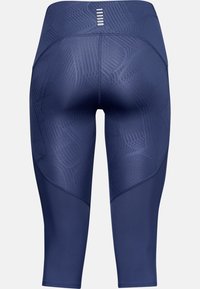 Mörkblå capri leggings med ett texturerat mönster och figurnära design, med hög midja och släta sömmar.