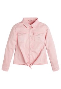 Camicia rosa chiaro a maniche lunghe con bottoni davanti, colletto, due tasche sul petto con bottoni a scatto e un nodo in vita.