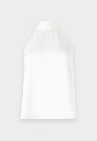 Haut blanc à col halter en tissu lisse, doté d'un col haut et d'une coupe décontractée. Design simple sans motifs ni embellissements visibles.