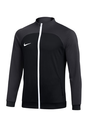 Czarna i ciemnoszara sportowa kurtka na zamek z białym zamkiem błyskawicznym i białym logo Nike na lewej piersi, długie rękawy i stójka.
