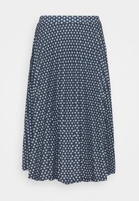 Námorně modrá sukně s puntíkovaným vzorem, bílými kruhy, sklady a hladkým povrchem. Délka do poloviny lýtek.