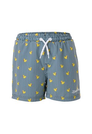 Blå og hvide stribede badeshorts med gule mønstre af badeænder og en hvid snor i taljen.