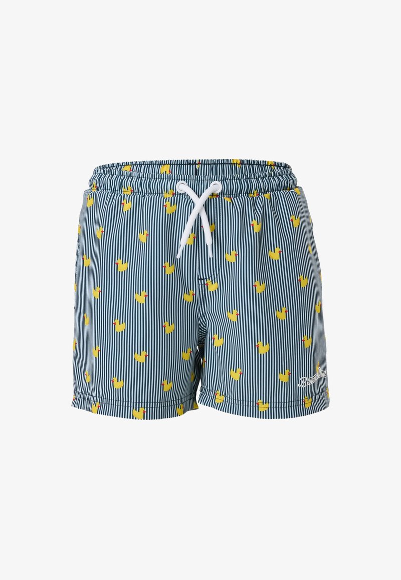 Shorts de bain rayés bleu et blanc avec des motifs de canards en caoutchouc jaunes et un cordon blanc à la taille.