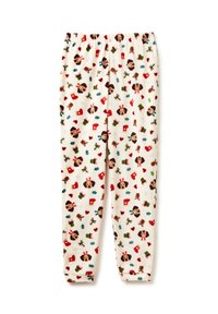 Fleece pyjamabroek met een elastische tailleband, bedrukt met een herhalend patroon van honden, cadeaus en feestelijke motieven op een crèmekleurige achtergrond.