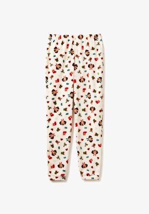 Pantalones de pijama de forro polar con cintura elástica que presentan un estampado repetido de perros, regalos y motivos navideños sobre un fondo crema.