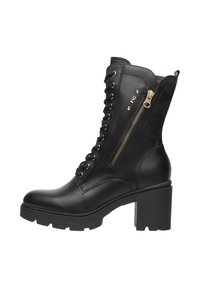 Black leather ankle boots with a chunky heel, featuring a front lace-up design, side zipper, and decorative studs along the shaft.