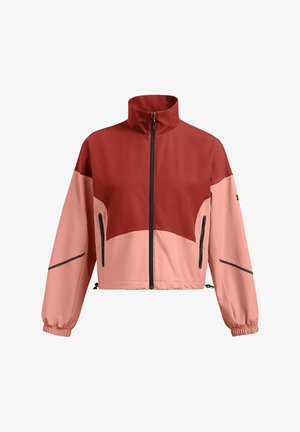 Veste coupe-vent color block rouge et rose avec un col haut, fermeture éclair, poignets élastiques et deux poches latérales zippées à l'avant.