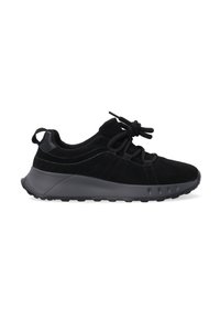 Czarne zamszowe sneakersy z okrągłym czubkiem, grubą gumową podeszwą i teksturowanymi akcentami. Posiadają sznurowany design i wyściółkę w kołnierzu dla komfortu.