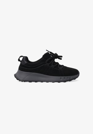 Black suede sneakers with rounded toe, thick rubber sole, and textured accents. Features a lace-up design and a padded collar for comfort.