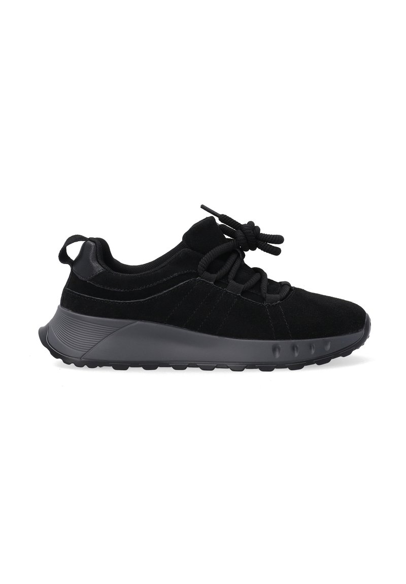 Czarne zamszowe sneakersy z okrągłym czubkiem, grubą gumową podeszwą i teksturowanymi akcentami. Posiadają sznurowany design i wyściółkę w kołnierzu dla komfortu.
