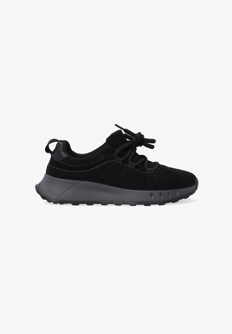 Czarne zamszowe sneakersy z okrągłym czubkiem, grubą gumową podeszwą i teksturowanymi akcentami. Posiadają sznurowany design i wyściółkę w kołnierzu dla komfortu.