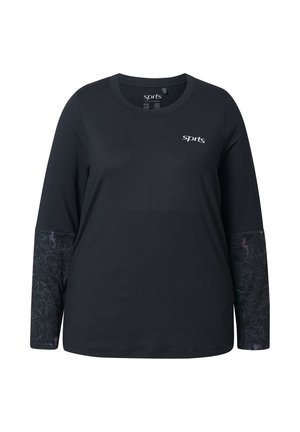 Zwarte lange mouwen sportshirt met het "sprts" logo op de borst en een subtiele bloemenpatroon op de onderarmen.