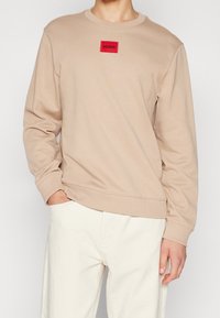 Felpa beige con scollo rotondo, maniche lunghe e polsini a costine. Presenta una toppa logo rettangolare rossa con la scritta "HUGO" sul petto.