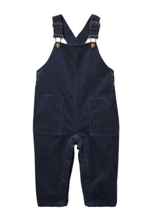 Salopette en velours côtelé bleu marine avec des bretelles réglables, des éléments en métal, deux poches avant et des poignets élastiqués aux chevilles.
