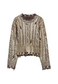 Pull en tricot présentant un schéma de couleurs or et marron, avec un motif en câble, un ourlet effiloché et un col rond.