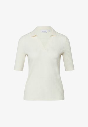 Kremowa prążkowana koszulka polo z krótkim rękawem, dekoltem w serek i kołnierzykiem, przedstawiona na jednolitym białym tle.