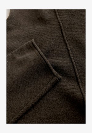 Dark brown sweater fabric with a smooth texture, featuring a front pocket and subtle ribbed detailing along the edges and seams.
