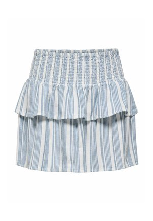 Falda con rayas verticales azul y blancas, con cintura elástica fruncida y detalle de volantes debajo de la cintura, hasta la rodilla.