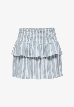 Jupe rayée verticale bleu et blanc avec taille élastiquée smockée et détail volanté sous la taille, longueur genoux.