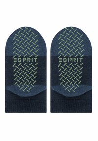 Dunkelblaue Knöchelsocken mit einem strukturierten, gemusterten Grip in Grün auf der Unterseite. Der Markenname "ESPRIT" ist prominent in Grün zu sehen.