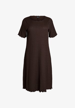 Abito marrone scuro a maniche corte con tessuto strutturato, bordi smerlati su maniche, scollo e orlo, lunghezza al ginocchio, vestibilità comoda.