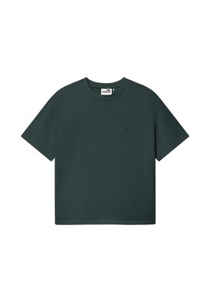 Ciemnozielony krótki t-shirt z okrągłym dekoltem i małym monochromatycznym haftowanym logo na lewej piersi.