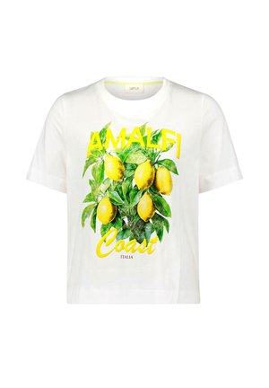 Weißes T-Shirt mit kurzen Ärmeln, das eine Grafik eines Zitronenastes mit grünen Blättern und gelben Zitronen sowie den Text „AMALFI Coast ITALIA“ zeigt.