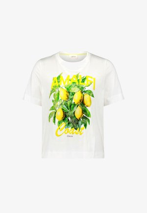 Weißes T-Shirt mit kurzen Ärmeln, das eine Grafik eines Zitronenastes mit grünen Blättern und gelben Zitronen sowie den Text „AMALFI Coast ITALIA“ zeigt.