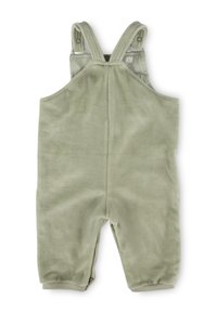 Soft light green baby overalls with adjustable shoulder straps and elastic cuffs on legs, laid flat against white background.