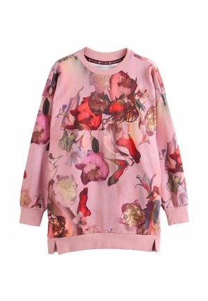 Langarm-Sweatshirt aus pinkem Stoff mit floralem Druck, der rote, weiße und lila Blumen zeigt; gerippter Rundhalsausschnitt und Bündchen.
