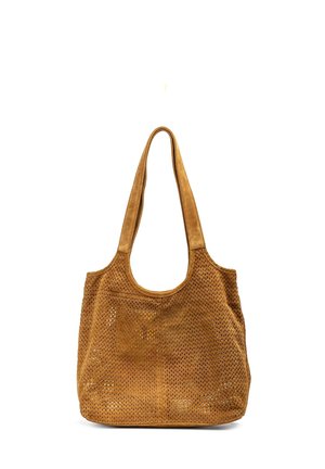 Borsa tote in suede marrone traforato con ampie spalline e apertura superiore arrotondata.