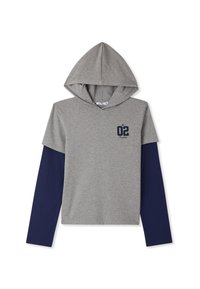 Felpa con cappuccio dal corpo grigio e maniche lunghe blu navy. Presenta un logo stampato "02" in blu navy sulla parte anteriore. Materiale in cotone misto.
