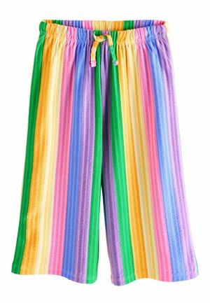 Wide-leg shorts with vertical rainbow stripes and an elastic waistband with a drawstring tie.