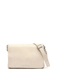 Borsa a tracolla in pelle beige dal design minimalista. Presenta una forma rettangolare piatta, hardware in metallo argentato e un dettaglio a forma di stella.