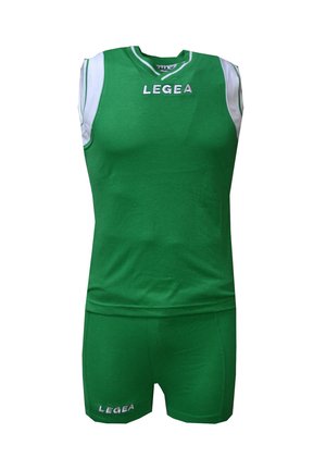 Maglia sportiva verde senza maniche e pantaloncini abbinati con pannelli bianchi sulle spalle e il nome del marchio LEGEA sul petto e sui pantaloncini.