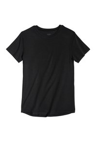 Black short-sleeve t-shirt made of soft fabric. Classic crew neck, regular fit, smooth texture, with no visible patterns or accents.