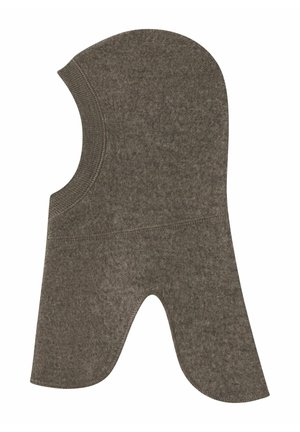 Brun blød balaclava i stof med ribkant omkring ansigtsåbningen, designet til at dække hoved, nakke og skuldre.