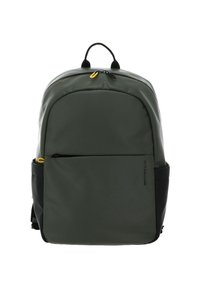 Sac à dos vert et noir avec une finition lisse et mate, comportant une poche zippée à l'avant, une poignée supérieure et des tirettes de fermeture éclair jaunes contrastantes.
