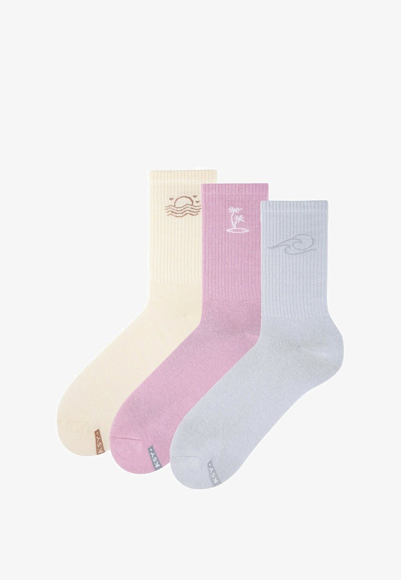 Trzy pary prążkowanych skarpetek w jasnym żółtym, różowym i niebieskim kolorze. Każda z nich ma unikalny haftowany wzór: słońce, palmę i falę.