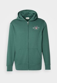 Felpa verde con zip realizzata in tessuto morbido. Presenta un cappuccio, tasche frontali e un piccolo logo stampato sul petto.