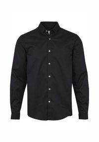 Zwarte lange mouw shirt in een effen kleur, met een puntige kraag en een knoopsluiting aan de voorkant met zilveren knopen. Gladde stof textuur.