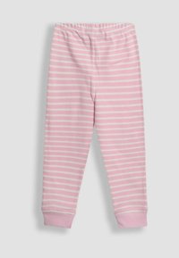 Vaqueros de pijama de rayas rosas hechos de tela suave. Presentan una cinturilla elástica y puños acanalados. Las rayas alternan entre rosa claro y rosa oscuro.