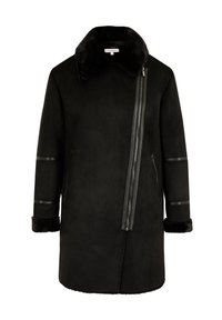 Sort ruskindsjakke med krave af faux pels, asymmetrisk lynlåslukning og vandrette læderdetaljer på ærmerne. Glat tekstur, knælængde design.
