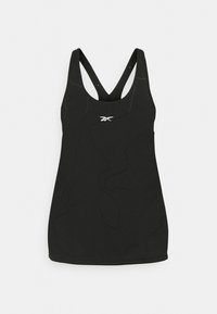 Czarny top na ramiączkach z designem racerback, wykonany z elastycznego materiału, z teksturowanym wzorem i małym białym logo na piersi.