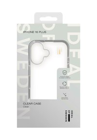Transparent iPhone 16 Plus-cover med slank design. Gennemsigtig finish, afrundede kanter og en let prægning i form af skyer til kamerabeskyttelse.