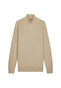 Pull zip beige avec un col montant, présentant un motif en tricot texturé et des poignets et un ourlet côtelé. Détail du petit logo sur la poitrine.