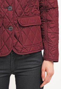 Gewatteerde bordeauxrode jas met een voorzijde met knopen, twee steekzakken aan de voorkant en zichtbare logo-stiksels. De stof heeft een gladde textuur.