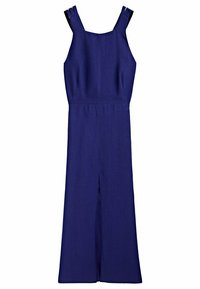 Ärmlös maxiklänning i marinblått med fyrkantig halsringning, breda dubbla axelband, något åtsittande midja och högslits.